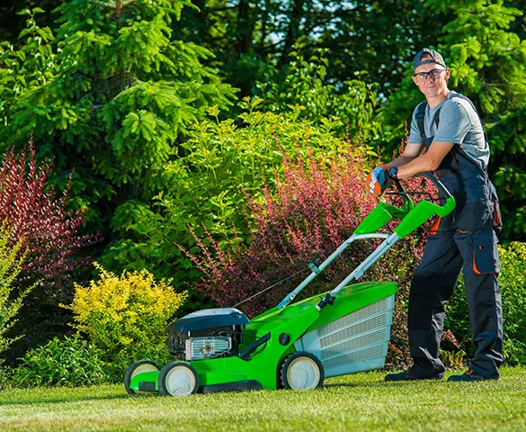 Landscaper using gardening tools to tend to a manicured garden, demonstrating professional lawn care in Plantation, FL.