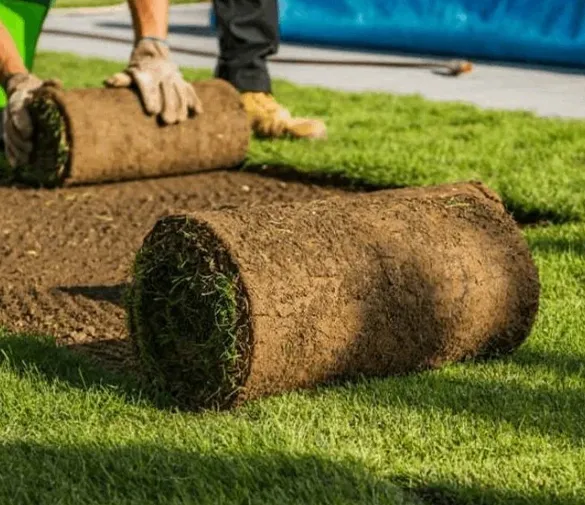 Professional landscaper laying down rolls of sod on a property, demonstrating expert lawn installation techniques.